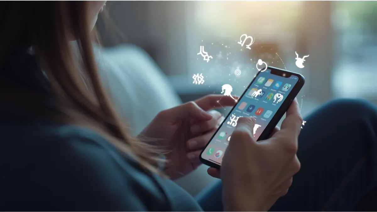 Person checking daily horoscope on smartphone with zodiac signs