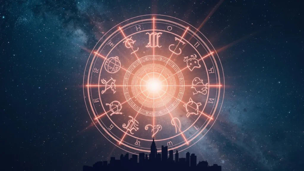 Horoscope today for all zodiac signs with glowing zodiac wheel in cosmic background