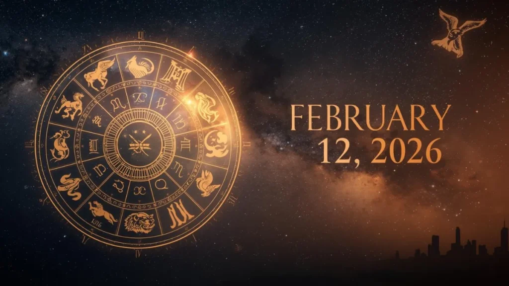 Horoscope today February 12, 2026 for all zodiac signs with zodiac wheel and cosmic background