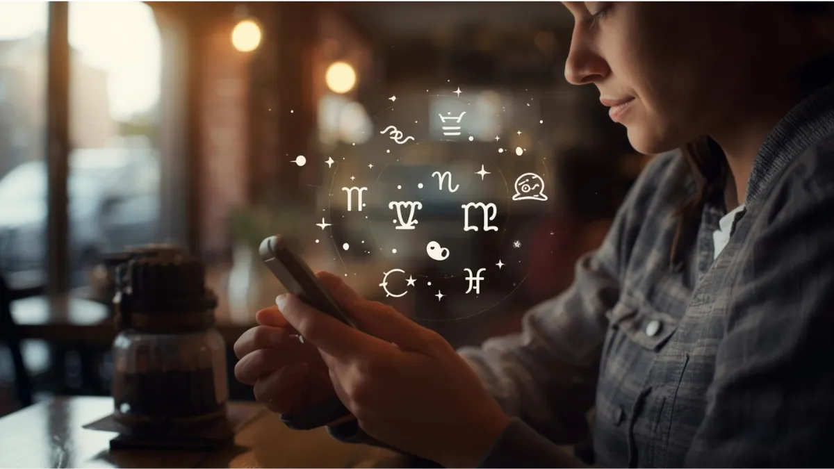 Person in the USA checking horoscope today on phone with zodiac signs