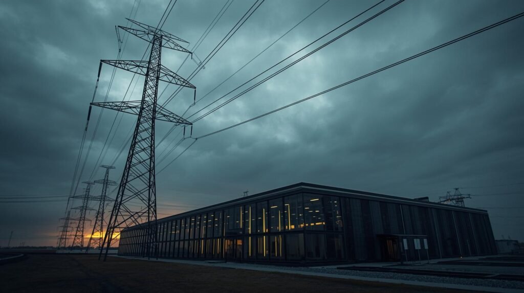 Power grid transmission lines in front of a data center
