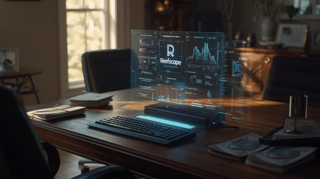 Reefscape AI productivity dashboard shown through holographic data in a real American home office
