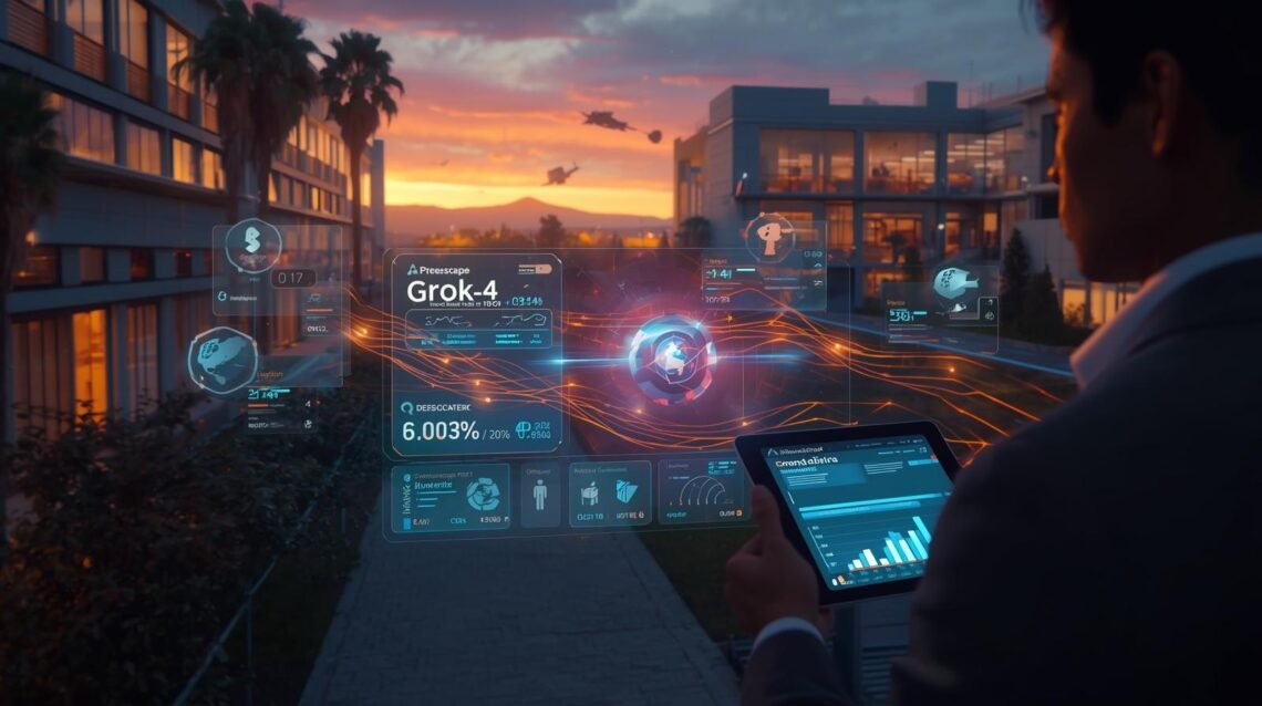 Reefscape branded xAI AI dashboard with holographic supercomputer and satellite network illustrating Elon Musk’s AI company