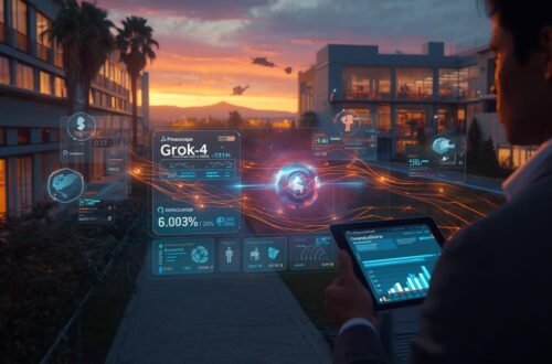 Reefscape branded xAI AI dashboard with holographic supercomputer and satellite network illustrating Elon Musk’s AI company