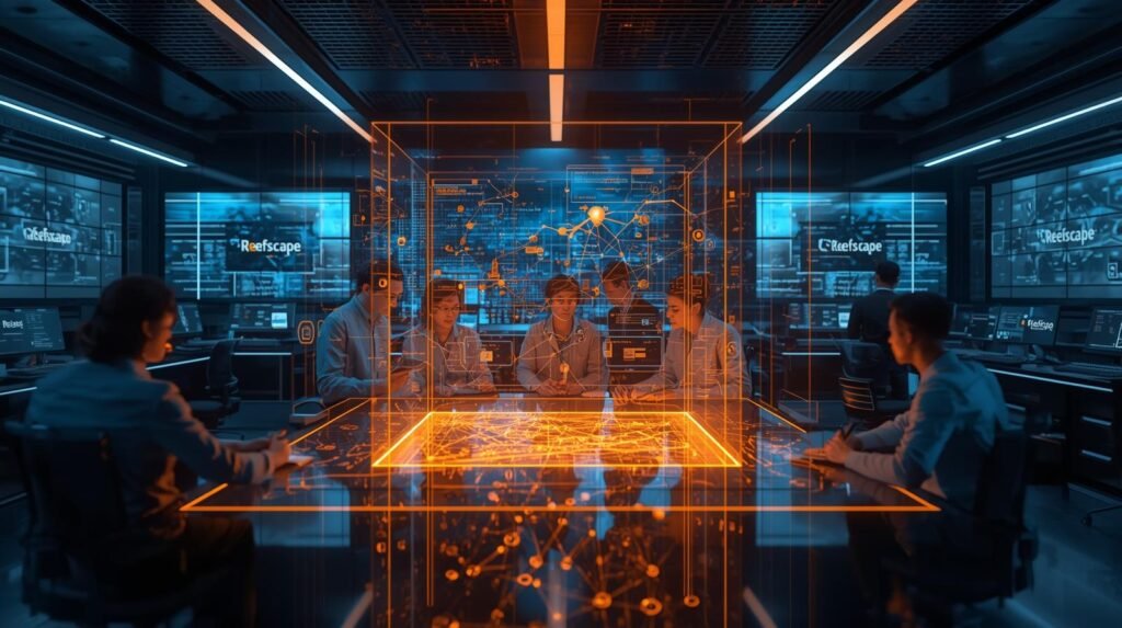 Reefscape branded xAI AI research lab with holographic neural network visuals illustrating advanced AI development