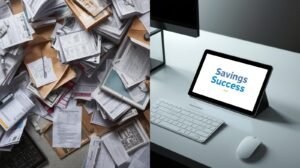 Side-by-side comparison of a cluttered 2023 desk with bills versus a clean 2026 desk with an AI tablet showing financial progress.