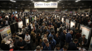 College advantage. American job fair with long lines amid hiring slowdown in 2026