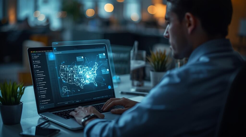 American professional analyzing US economic productivity using Reefscape AI technology