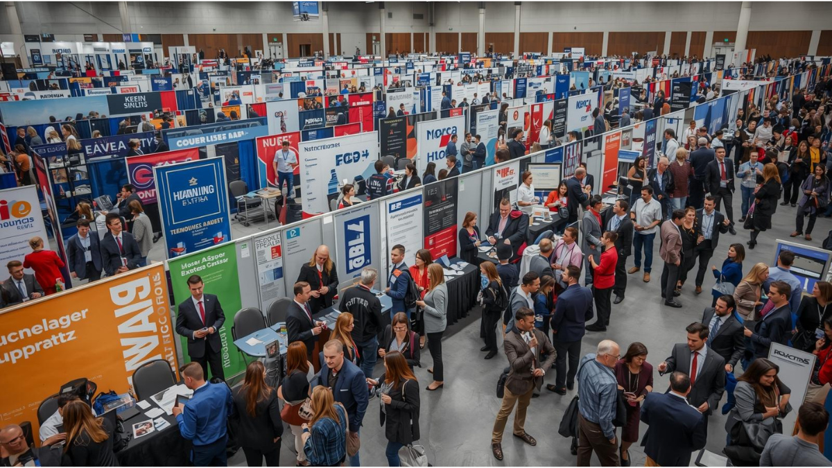 Job seekers gathering at AI-focused booths during a 2026 career expo