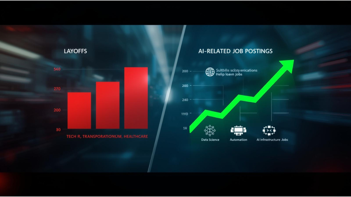 Infographic comparing surge in layoffs with growth in AI-related job postings
