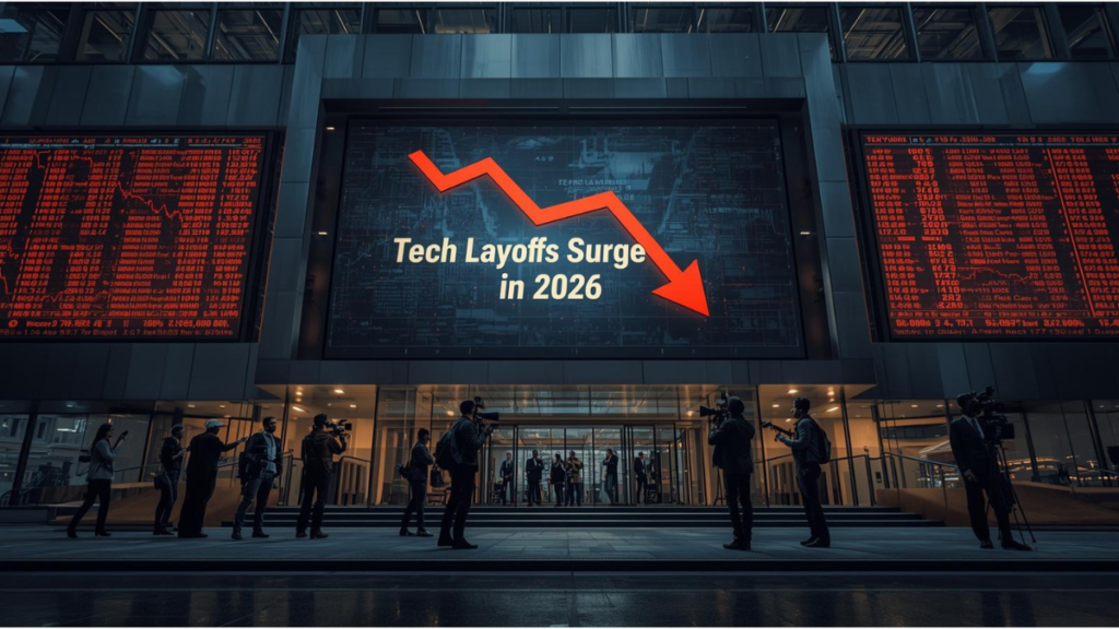 Breaking news screen reporting tech layoffs surge in 2026